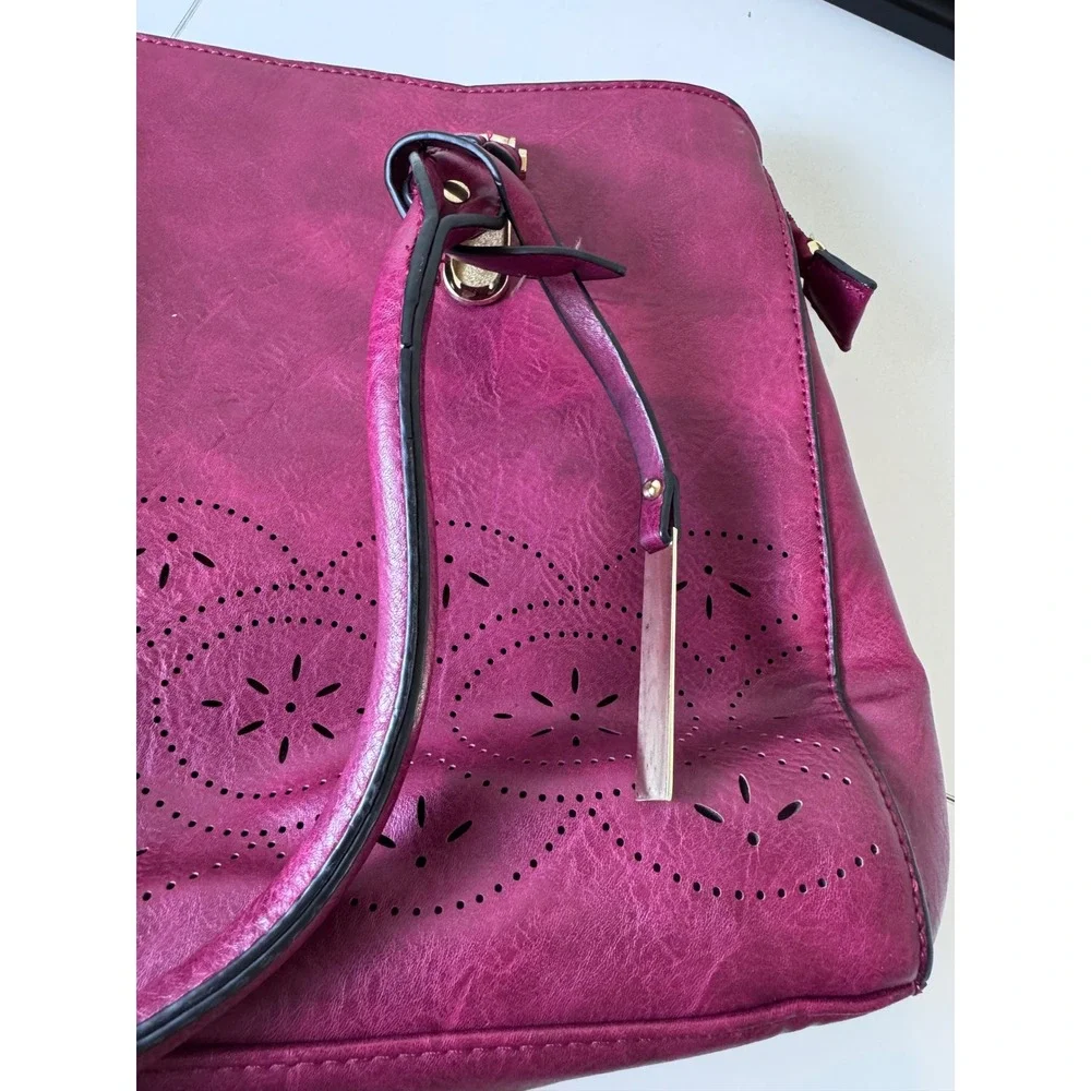 Laser Cut Satchel Handbag Women Medium Magenta Faux Leather‎ Boho Chic